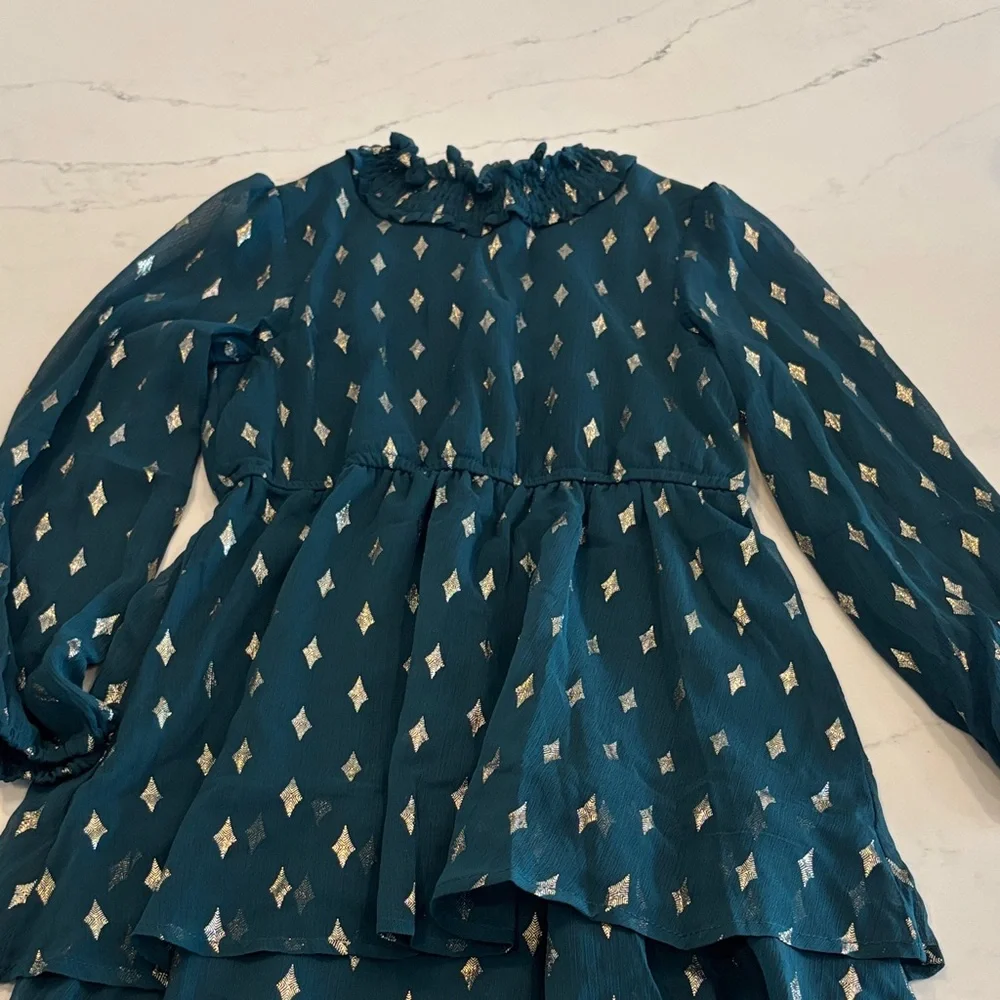 NWOT, Elegant Kids Dress in Teal with Gold Patterns